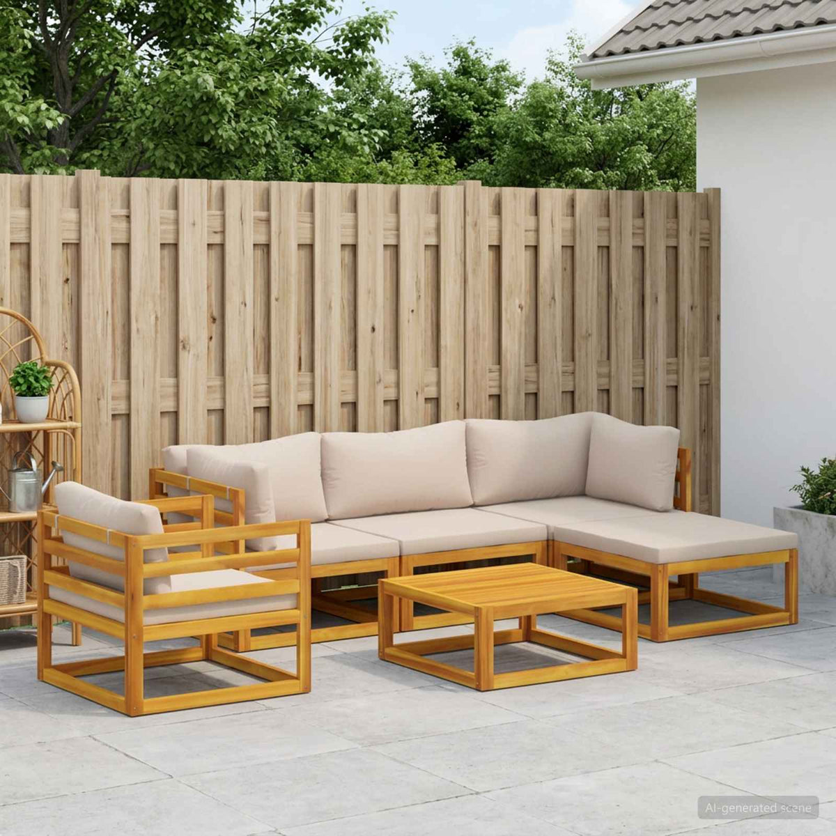 Sofa Set 7 pcs Natural Solid Acacia Wood Taupe 2x corner + middle + armchair + footrest + table