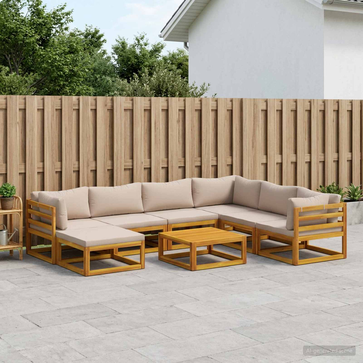 Sofa Set 7 pcs Natural Solid Acacia Wood Taupe 3x corner + 3x middle + footrest + table