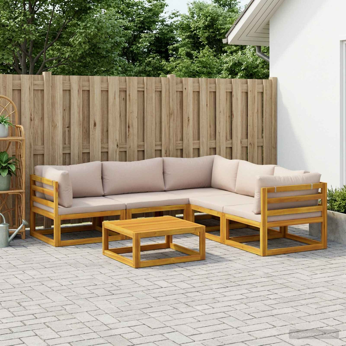 Sofa Set 7 pcs Natural Solid Acacia Wood Taupe 3x corner + 2x middle + table