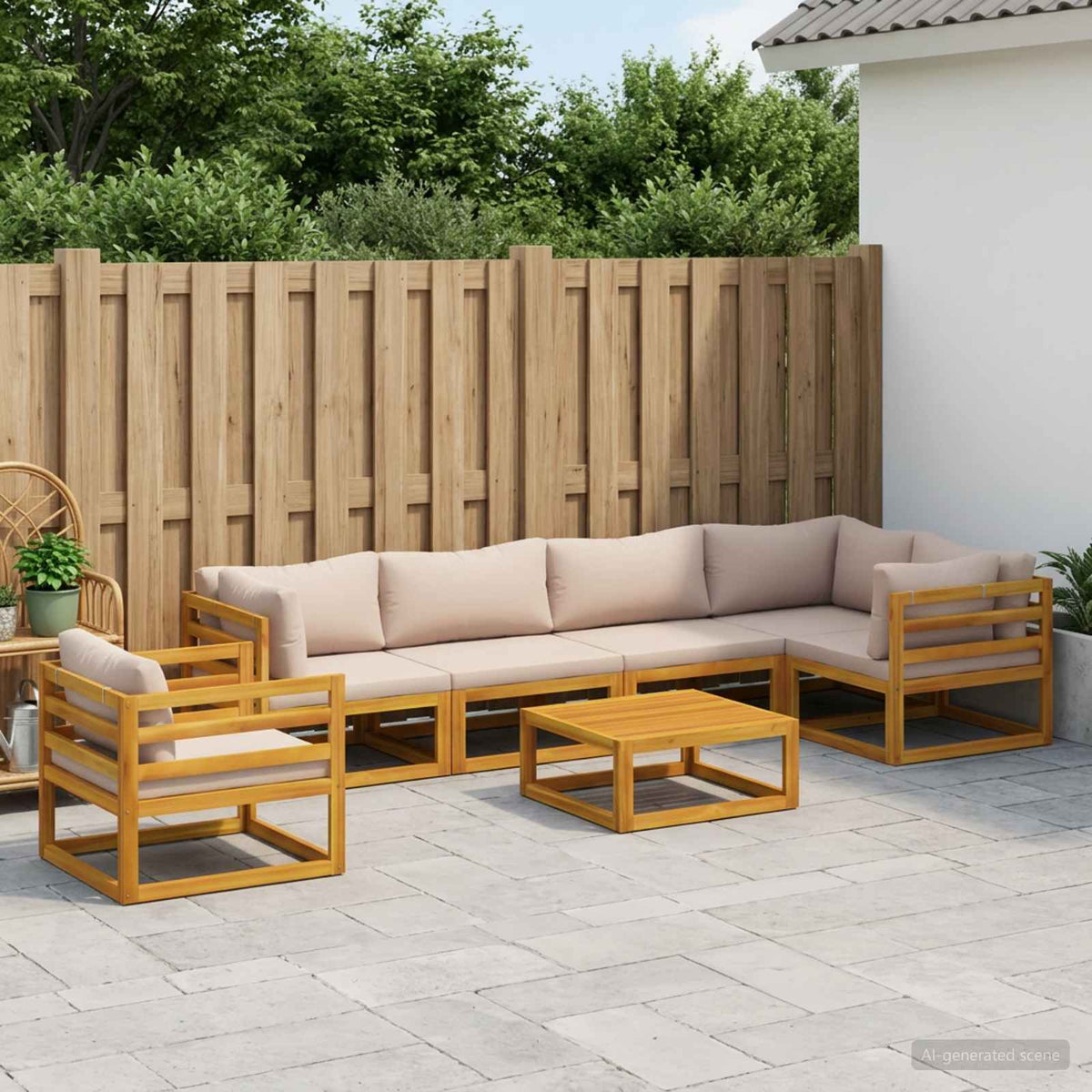 Sofa Set 7 pcs Natural Solid Acacia Wood Taupe 3x corner + 2x middle + armchair + table