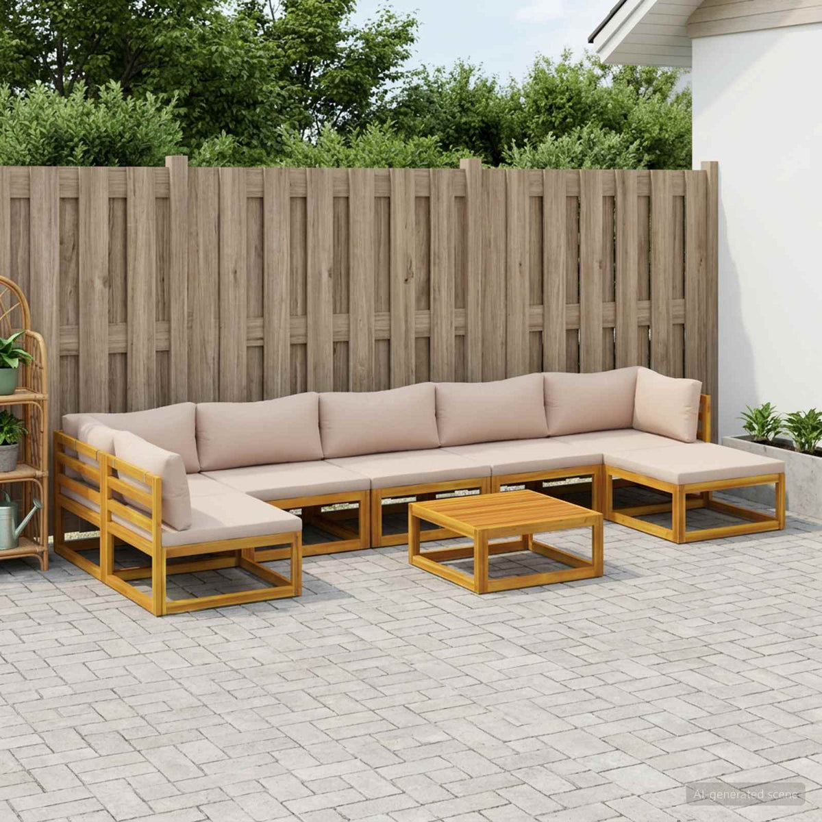 Sofa Set 7 pcs Natural Solid Acacia Wood Taupe 2x corner + 4x middle + footrest + table