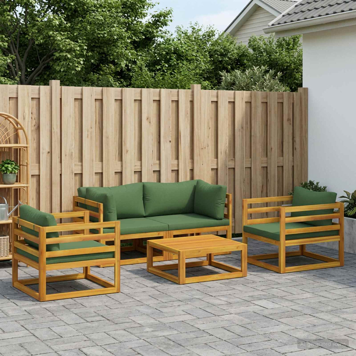 Sofa Set 7 pcs Natural Solid Acacia Wood Green 2x corner + 2x armchair + table