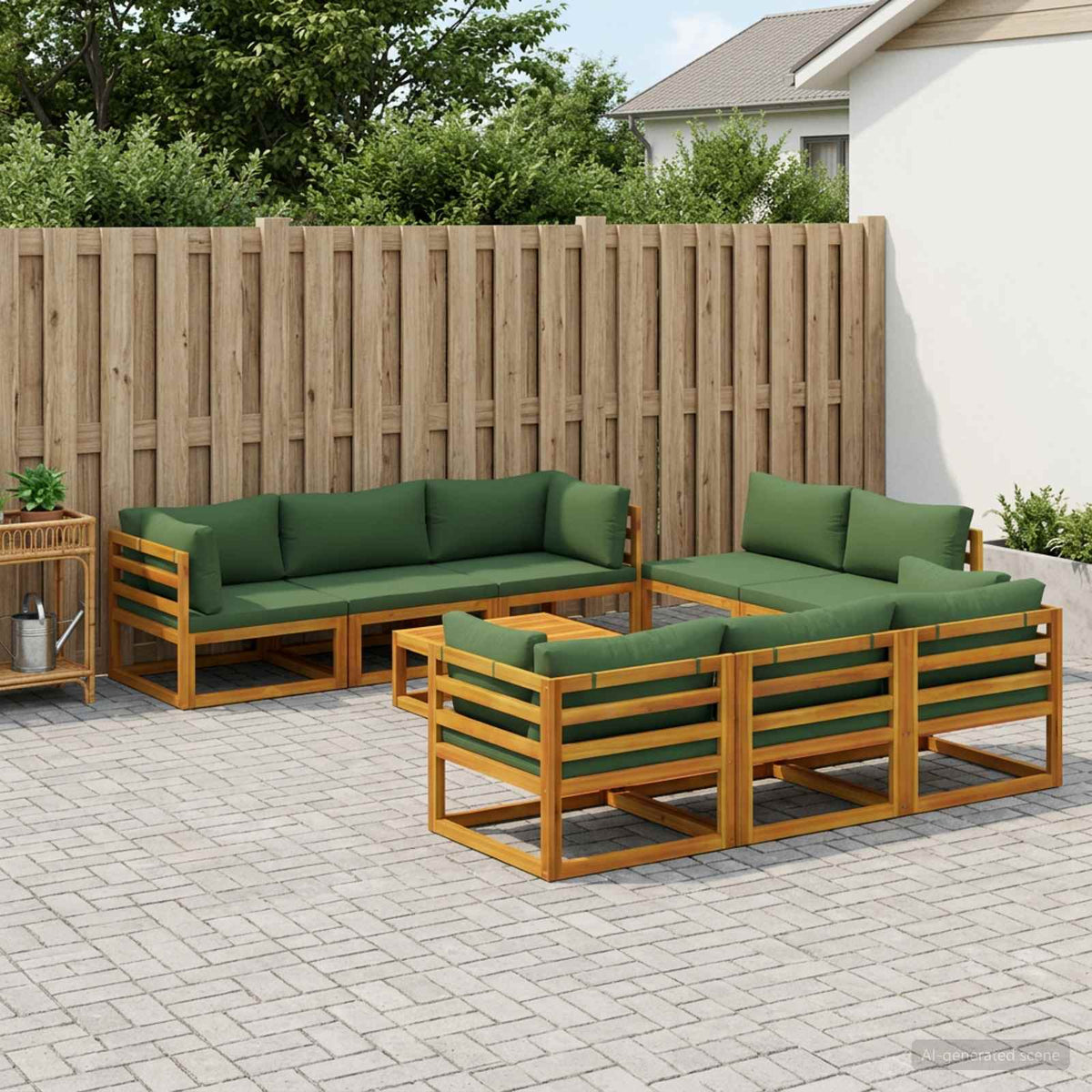 Sofa Set 7 pcs Natural Solid Acacia Wood Green 4x corner + 4x middle + table