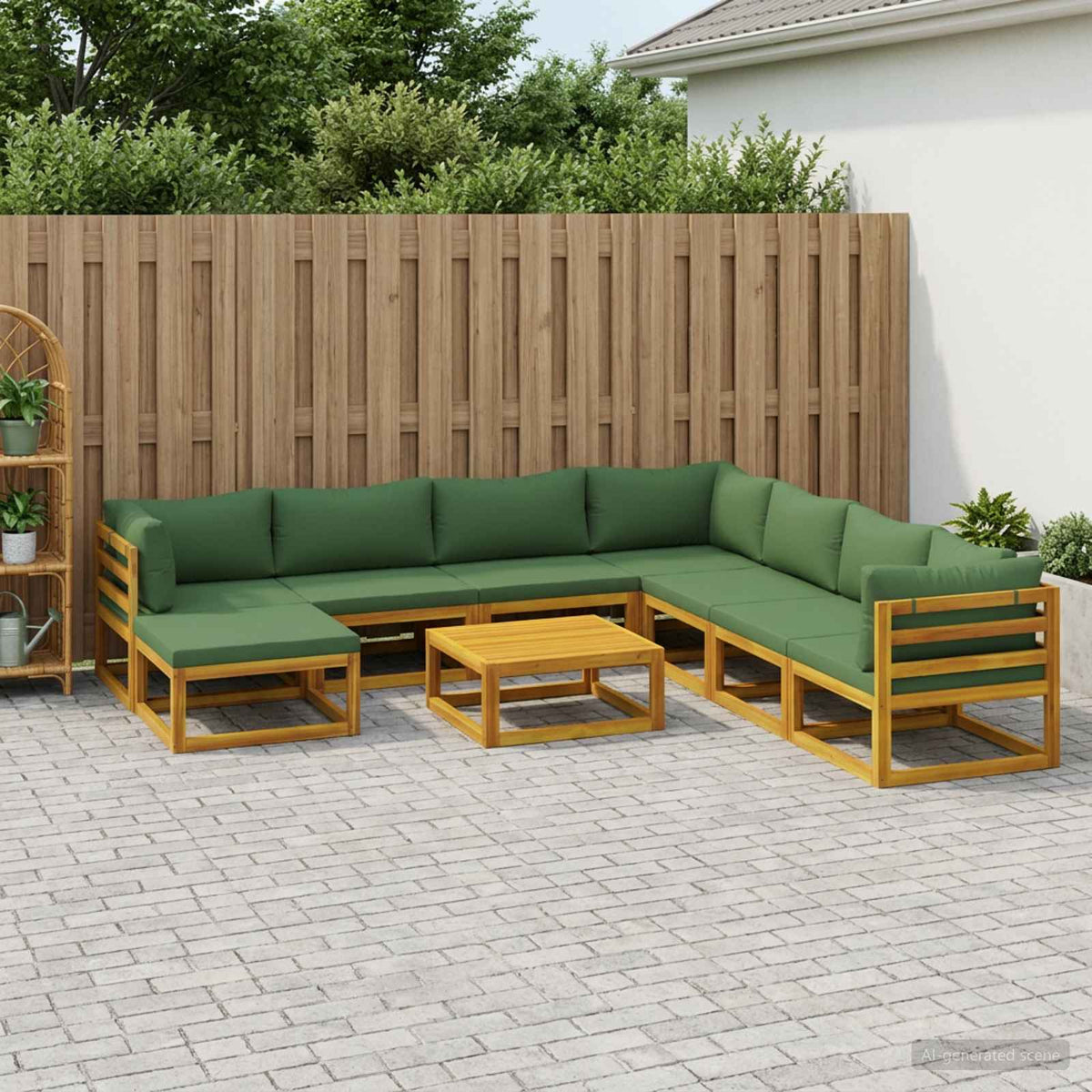Sofa Set 7 pcs Natural Solid Acacia Wood Green 3x corner + 4x middle + footrest + table