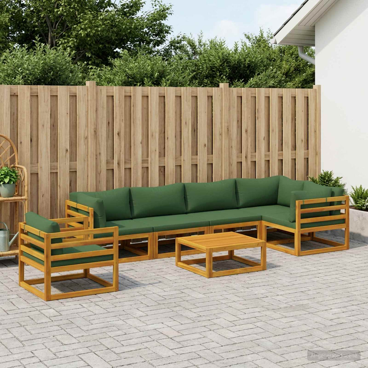 Sofa Set 7 pcs Natural Solid Acacia Wood Green 3x corner + 2x middle + armchair + table