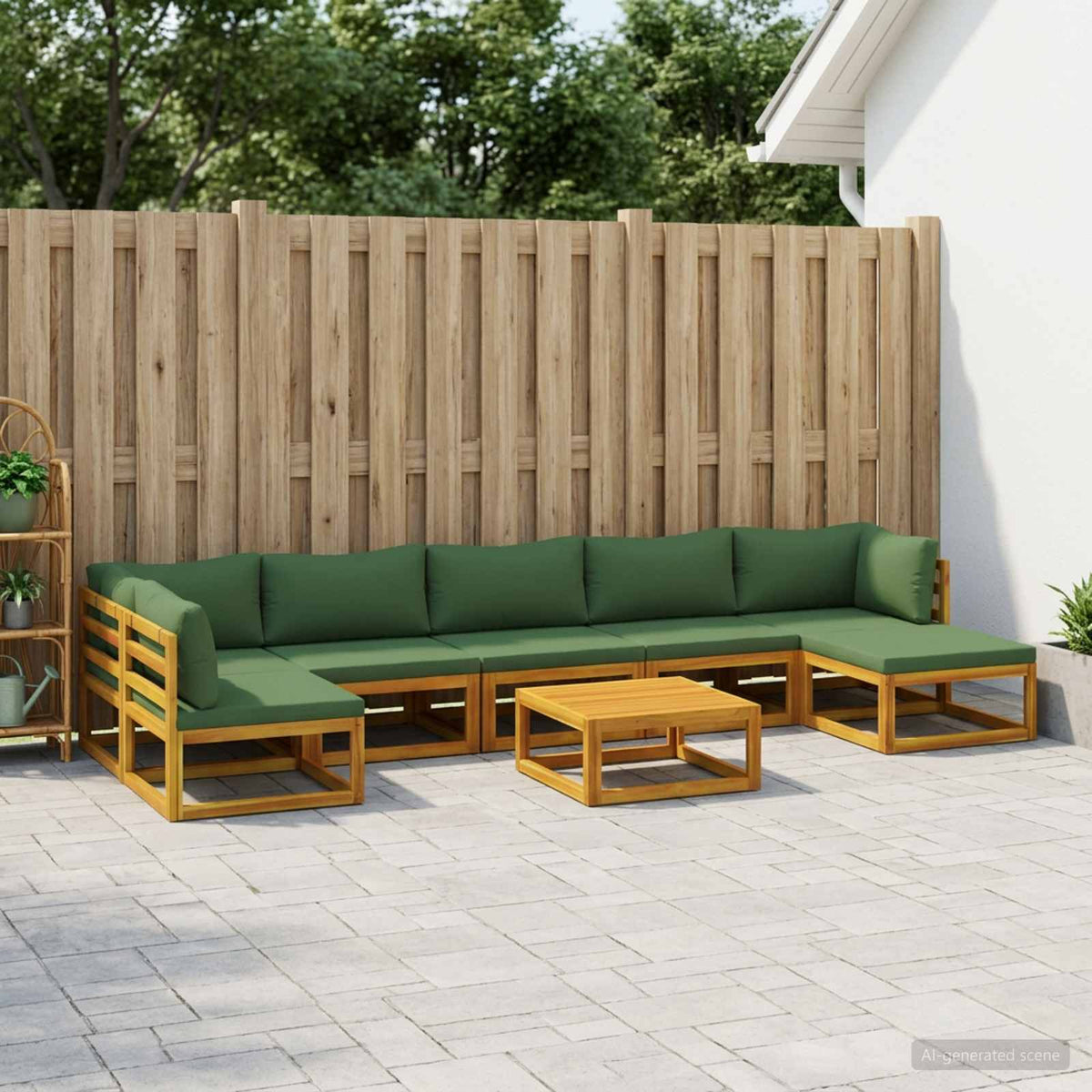 Sofa Set 7 pcs Natural Solid Acacia Wood Green 2x corner + 4x middle + footrest + table