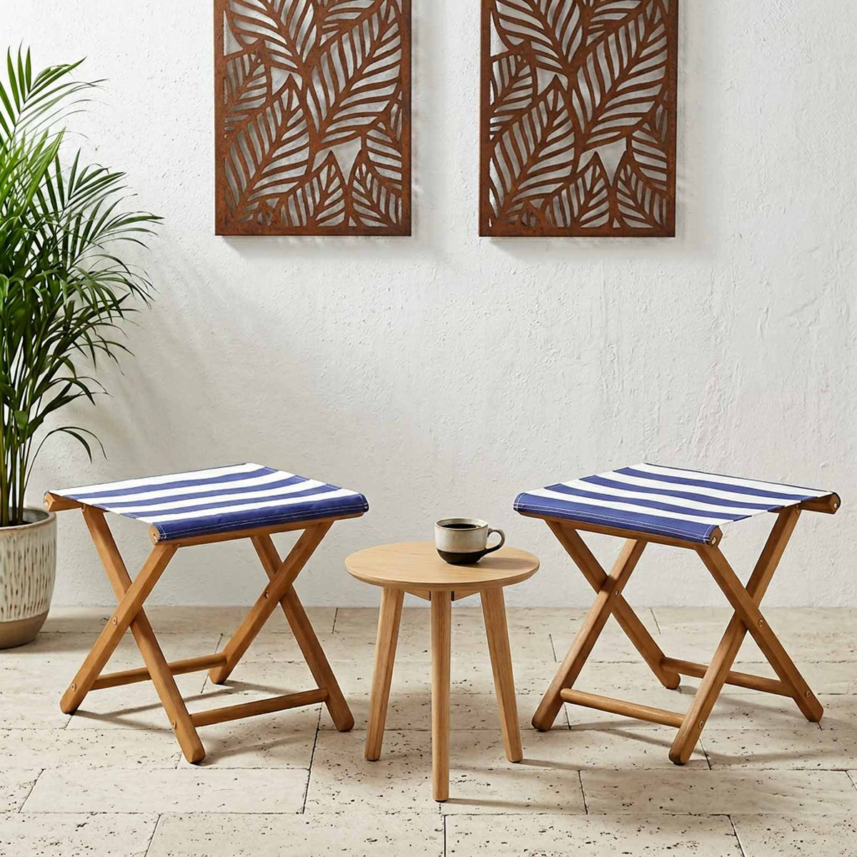Deck Chair 2 pcs Solid Eucalyptus Wood Blue and white