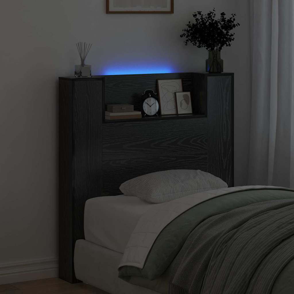 vidaXL Storage Headboard with LED Black Oak Engineered Wood 4