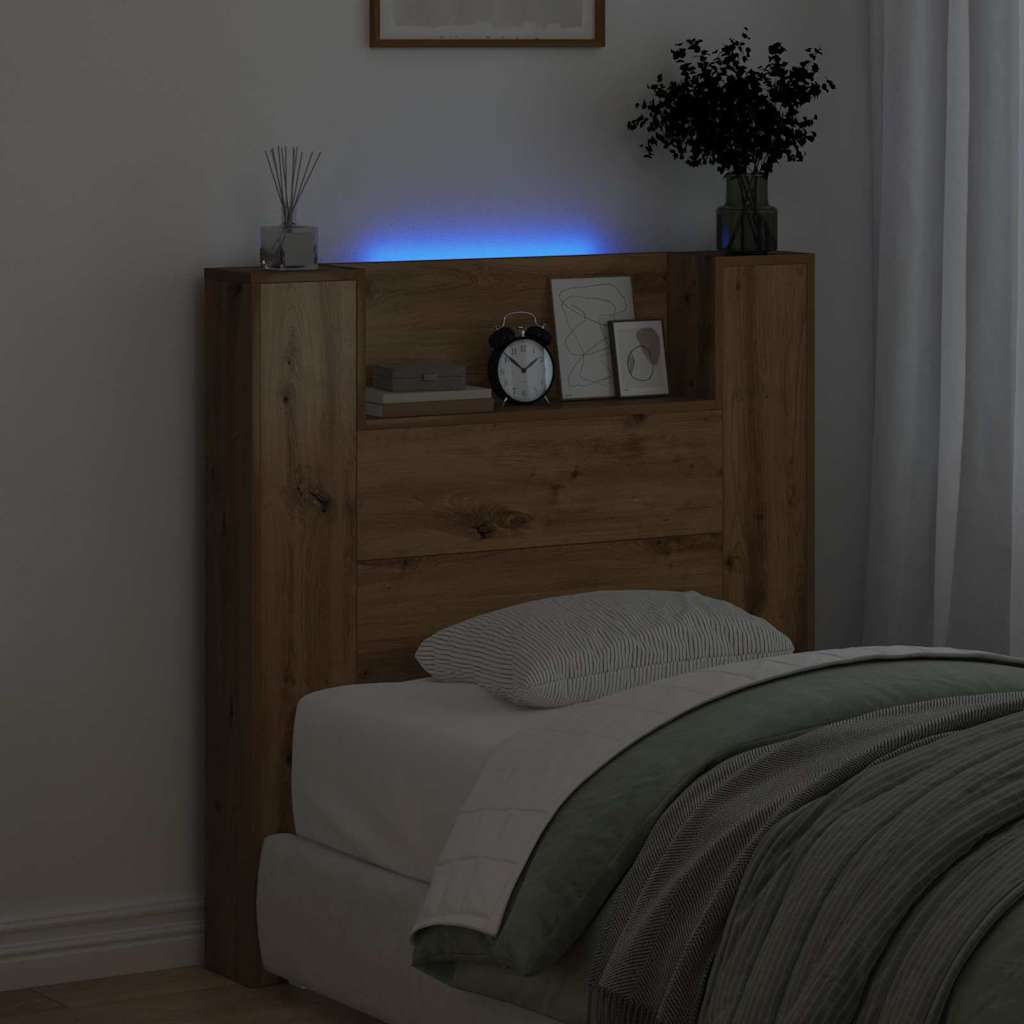 vidaXL Storage Headboard with LED Artisan Oak Engineered Wood 4