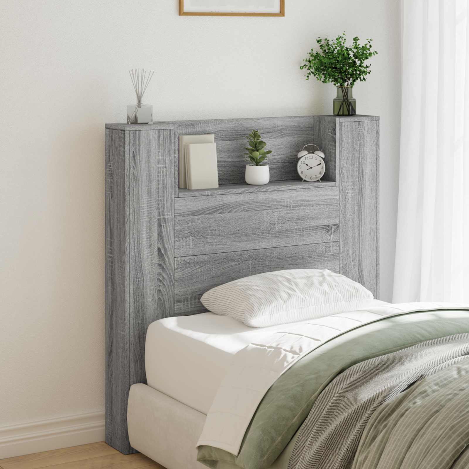 vidaXL Storage Headboard with LED Grey Sonoma Engineered Wood 1