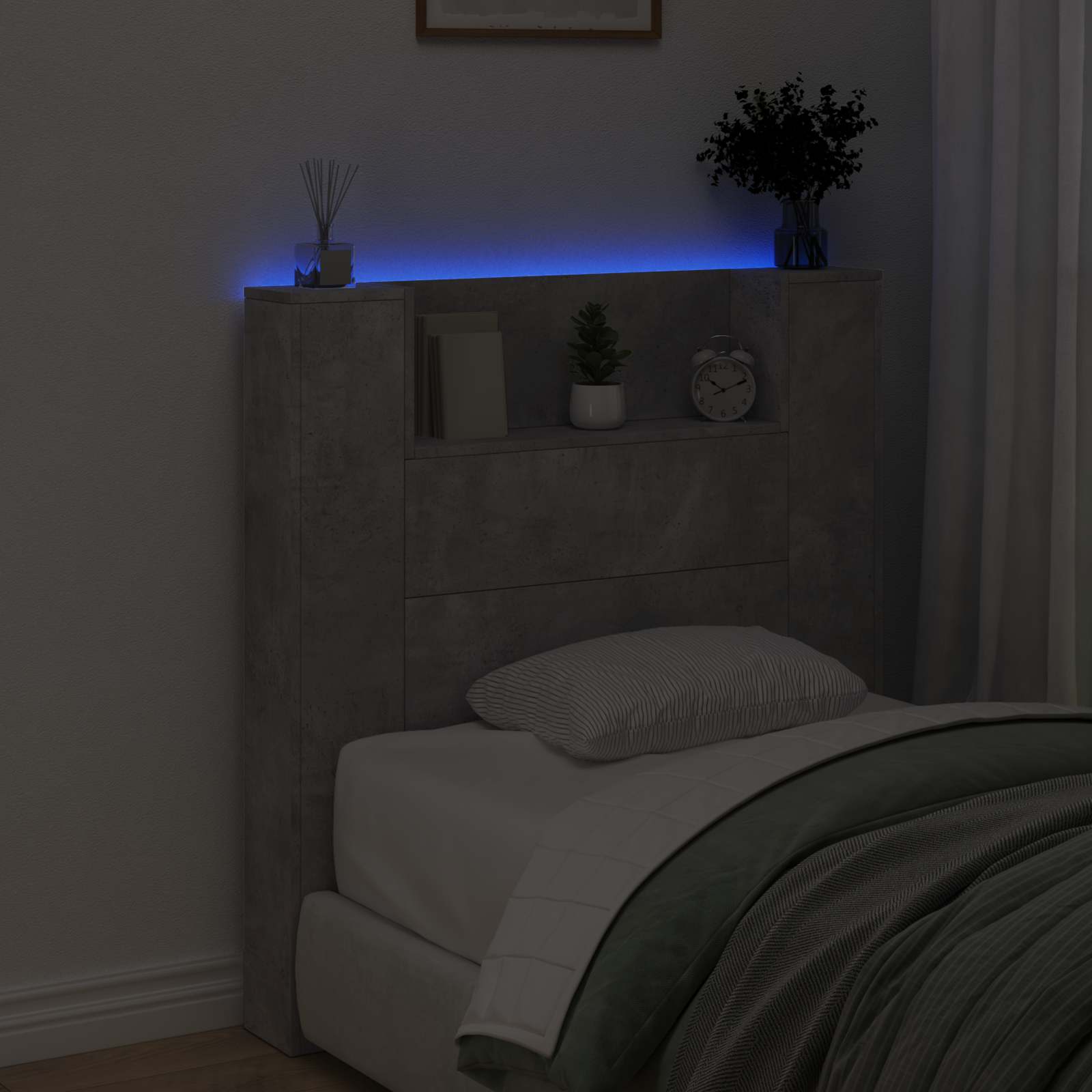 vidaXL Storage Headboard with LED Concrete Grey Engineered Wood 4