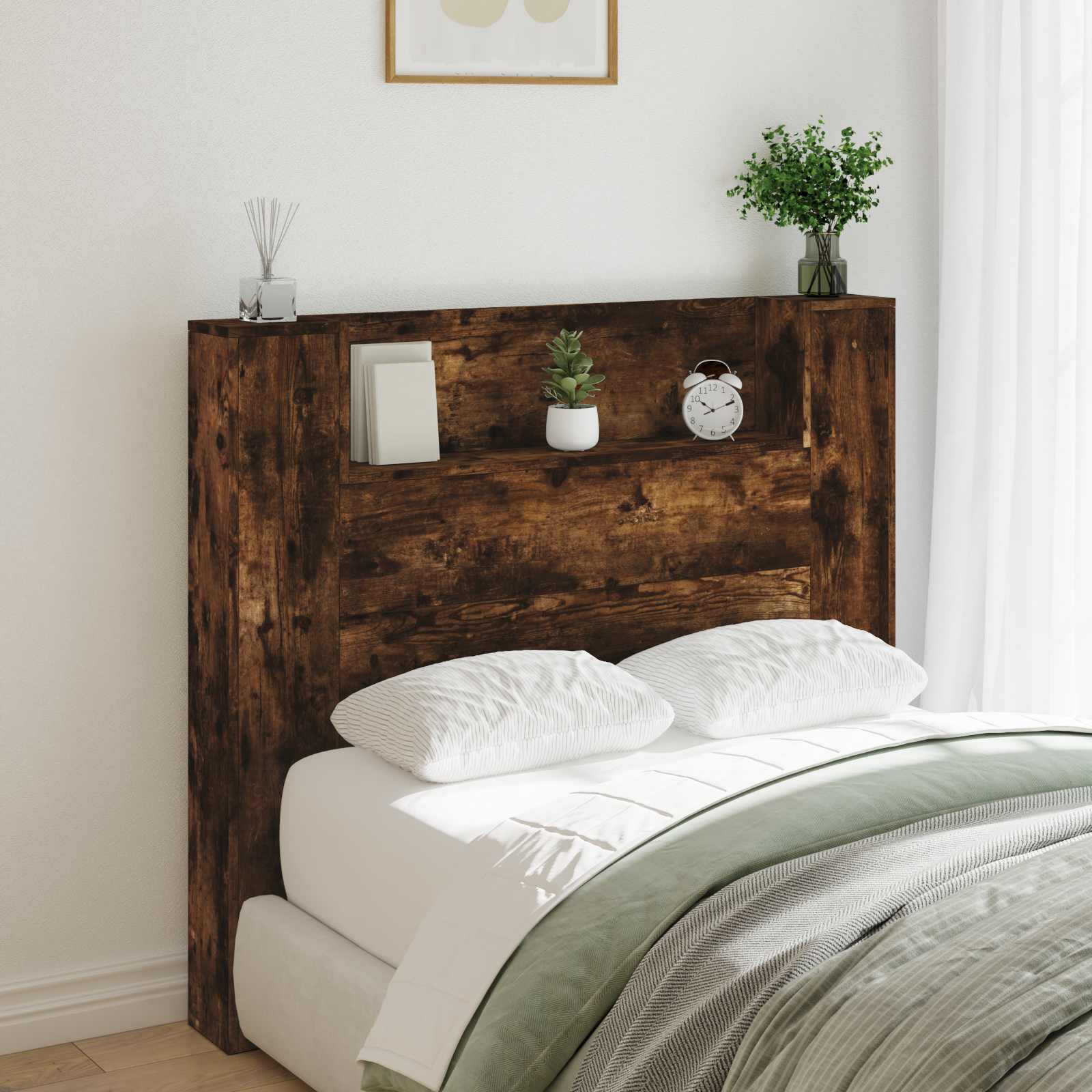 vidaXL Storage Headboard with LED Smoked Oak Engineered Wood 1
