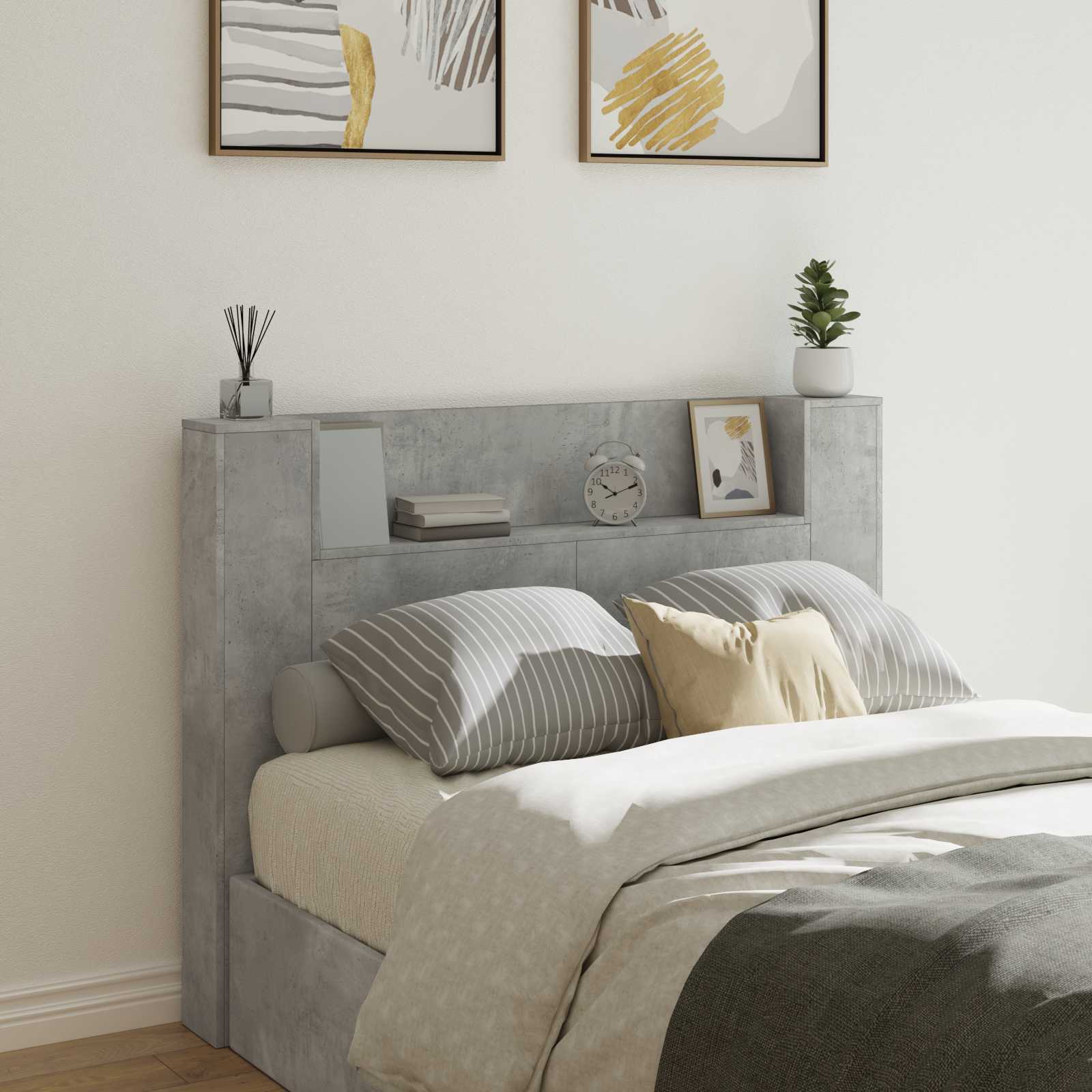 vidaXL Storage Headboard with LED Concrete Grey Engineered Wood 1