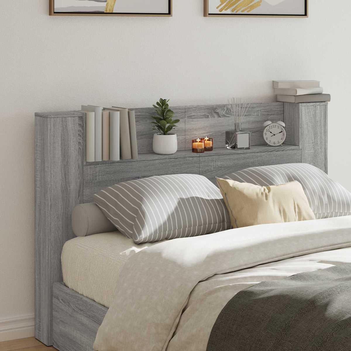 Storage Headboard with LED Engineered Wood 160 cm Grey sonoma