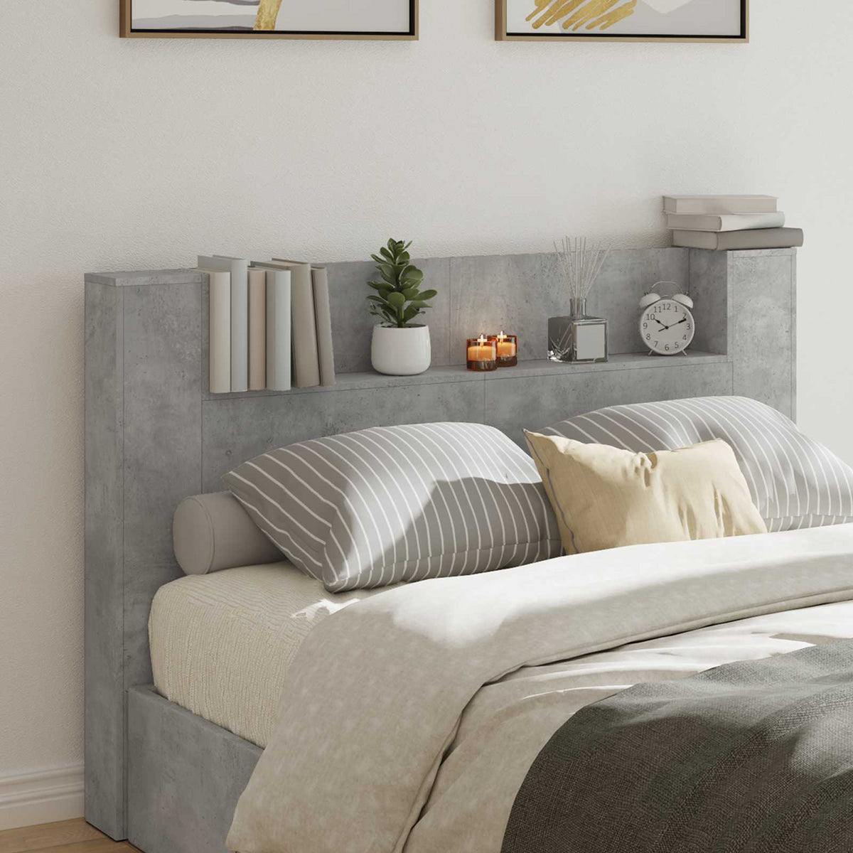 Storage Headboard with LED Engineered Wood 160 cm Concrete grey