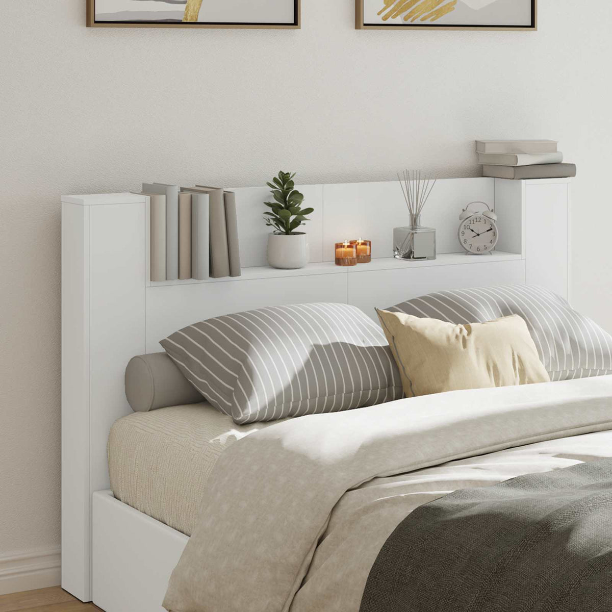Storage Headboard with LED Engineered Wood 160 cm White