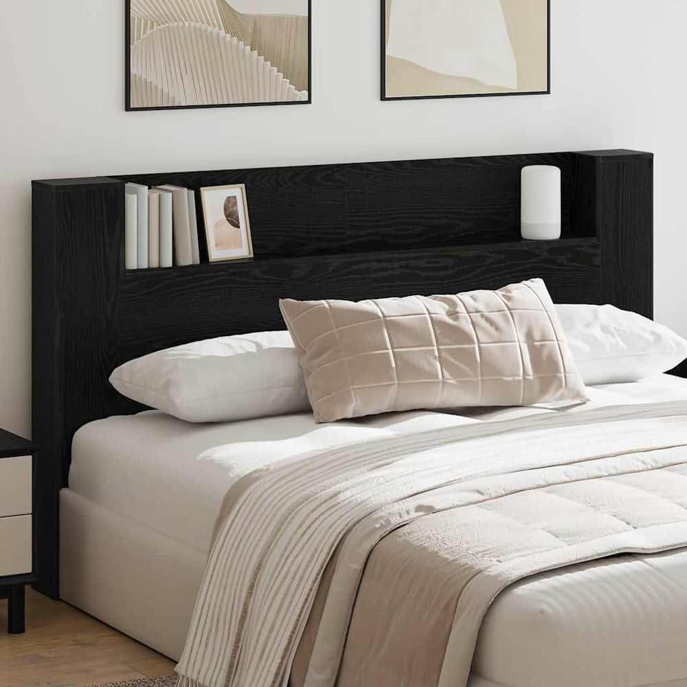 Storage Headboard with LED Engineered Wood 180 cm Black oak