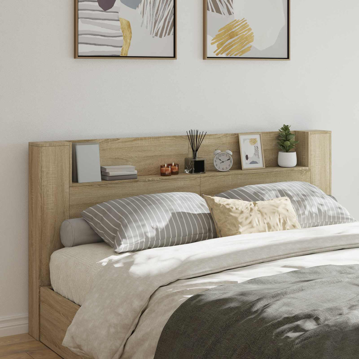 Storage Headboard with LED Engineered Wood 200 cm Sonoma oak