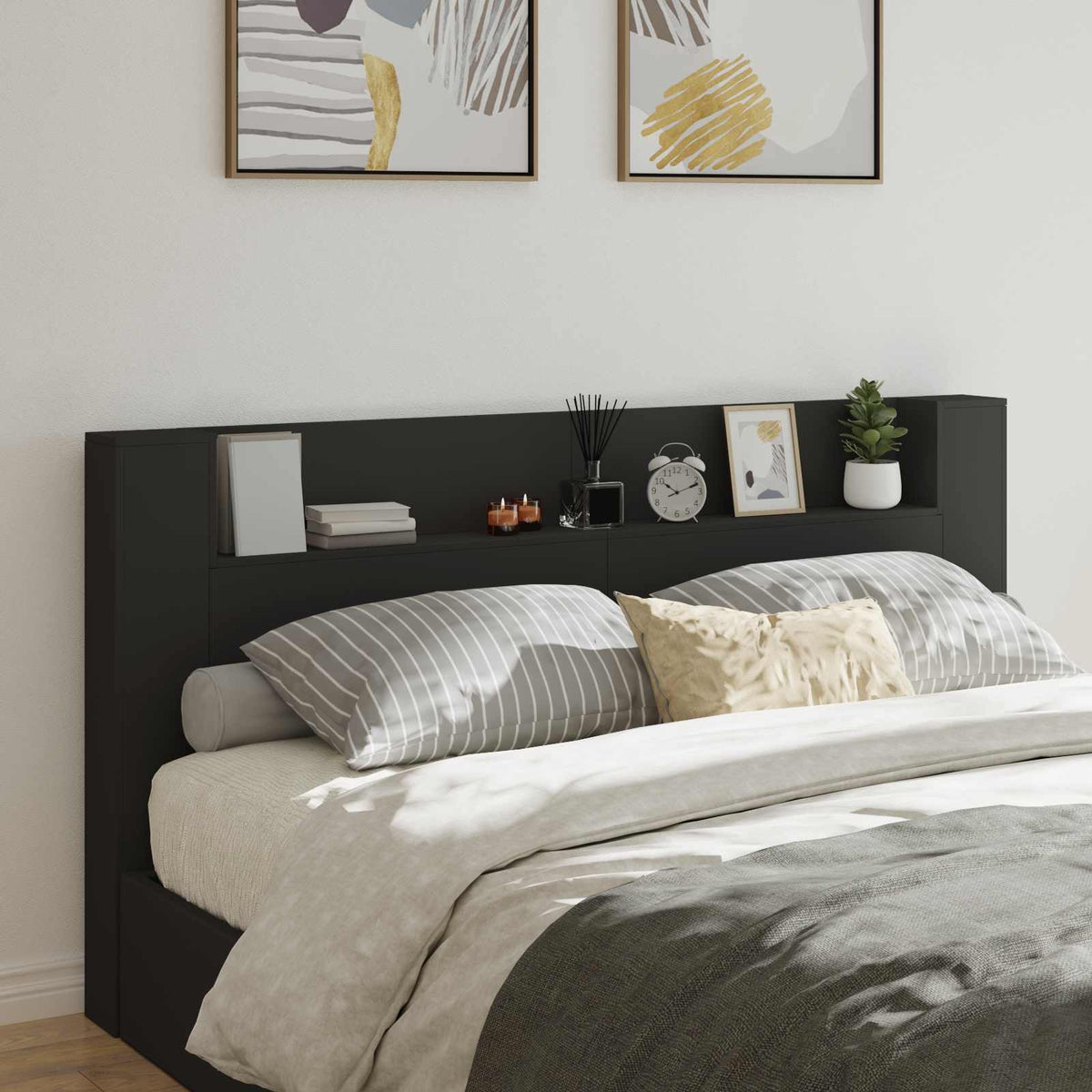 Storage Headboard with LED Engineered Wood 200 cm Black