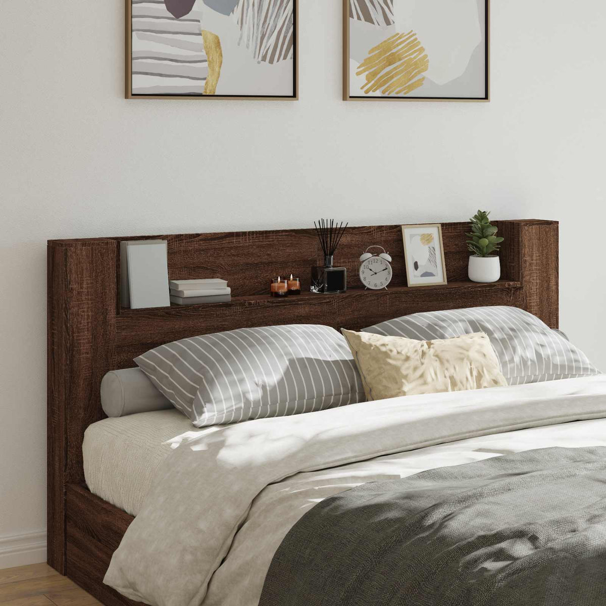 Storage Headboard with LED Engineered Wood 200 cm Brown oak