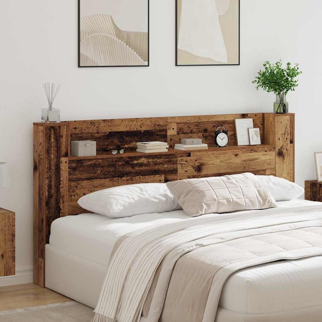 Storage Headboard with LED Engineered Wood 200 cm Old wood