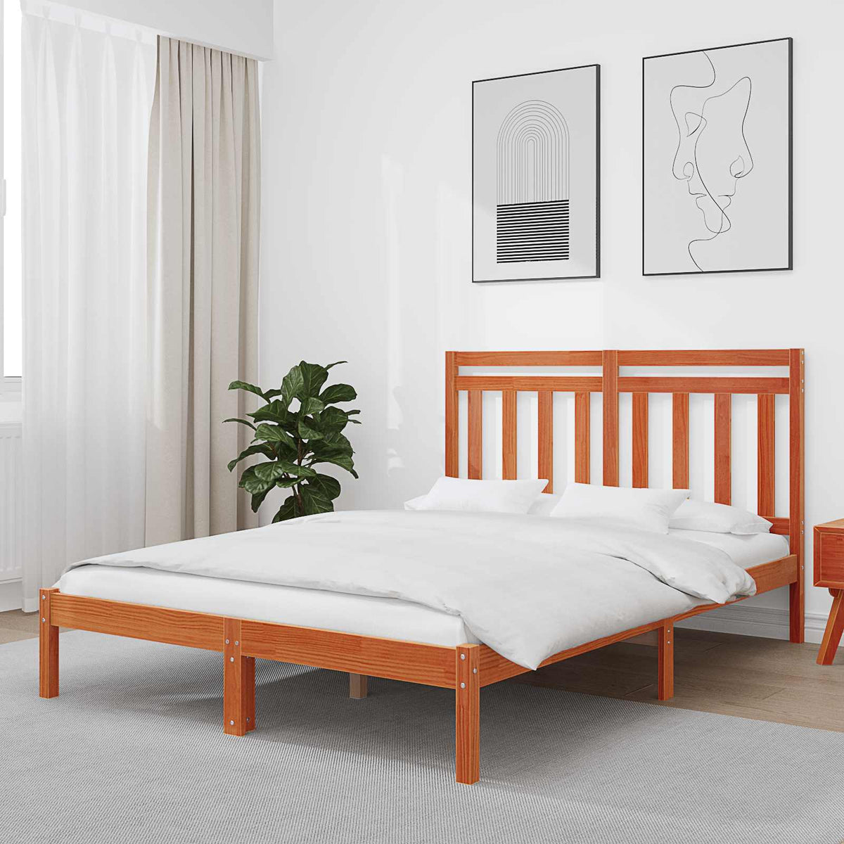 Bed Frame Solid Pine Wood Length Wax Brown