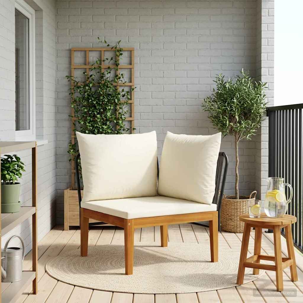 Garden with Cushions Solid Acacia Wood & Rope Black and Cream White Corner sofa