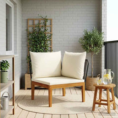 Garden with Cushions Solid Acacia Wood & Rope Black and Cream White Corner sofa