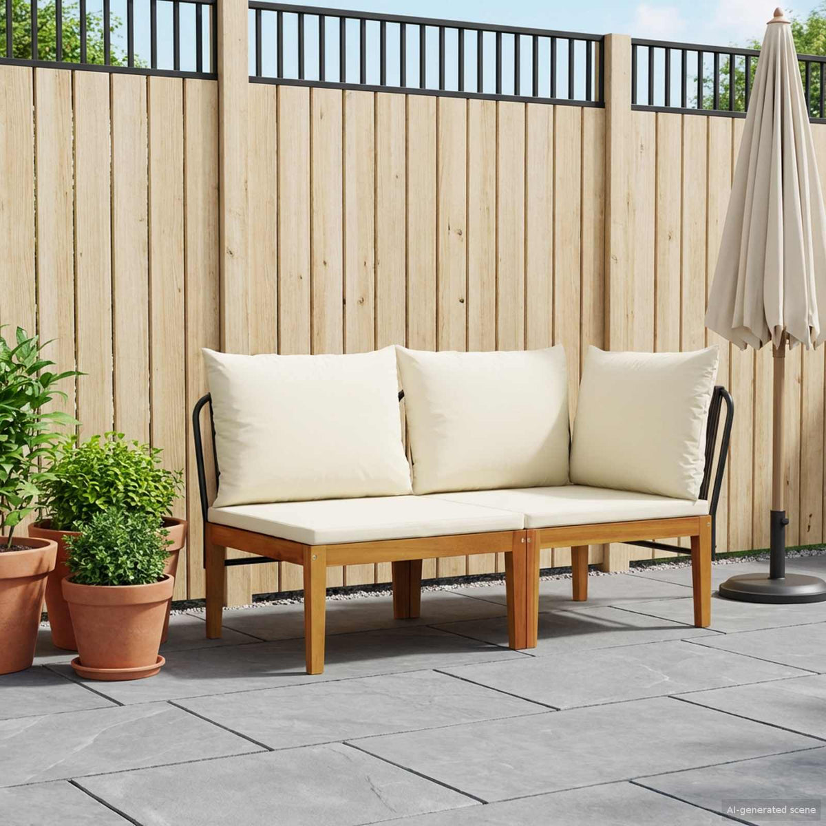 Garden with Cushions Solid Acacia Wood & Rope Black and Cream White Corner sofa + middle sofa