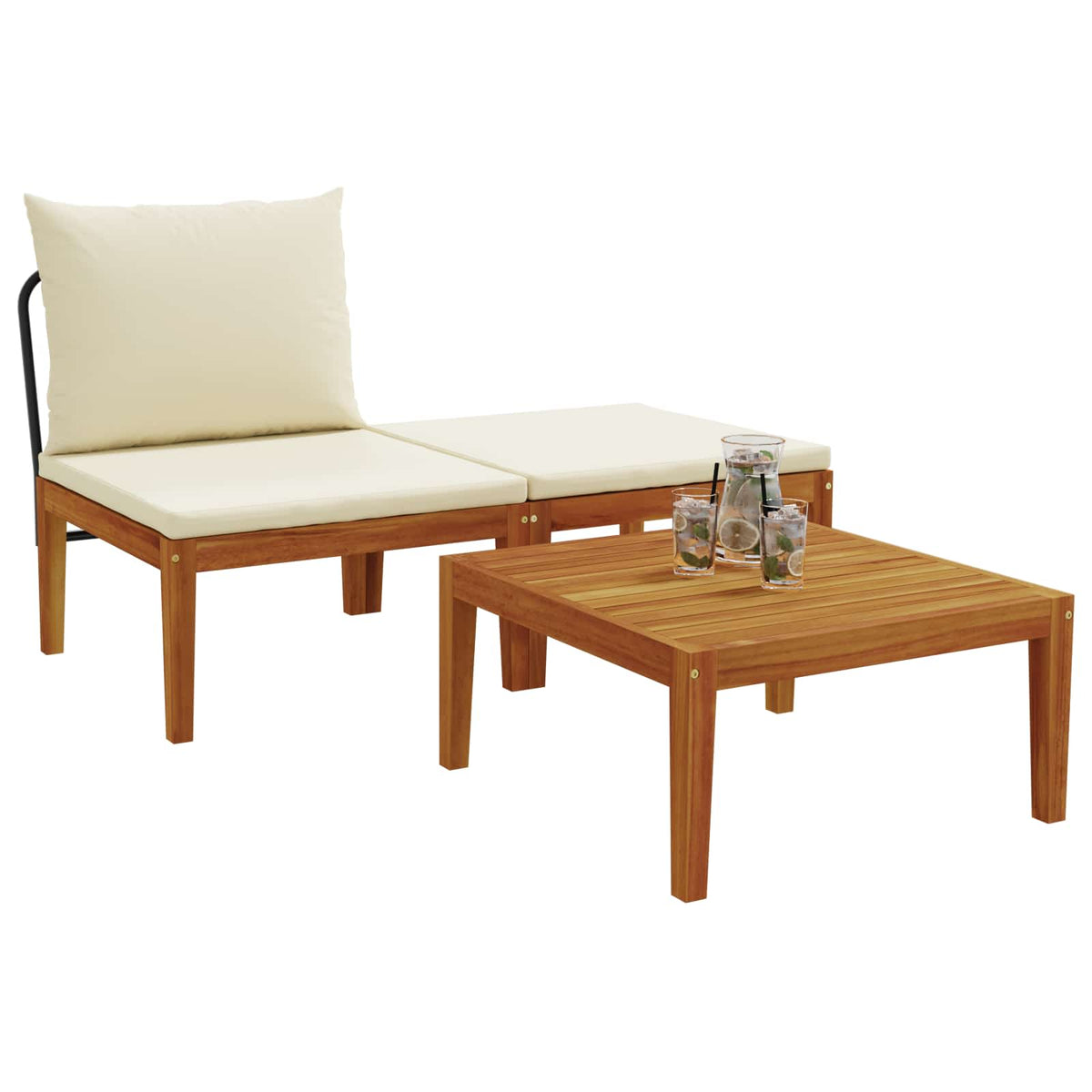 Garden with Cushions Solid Acacia Wood & Rope Black and Cream White Middle sofa + footrest + table