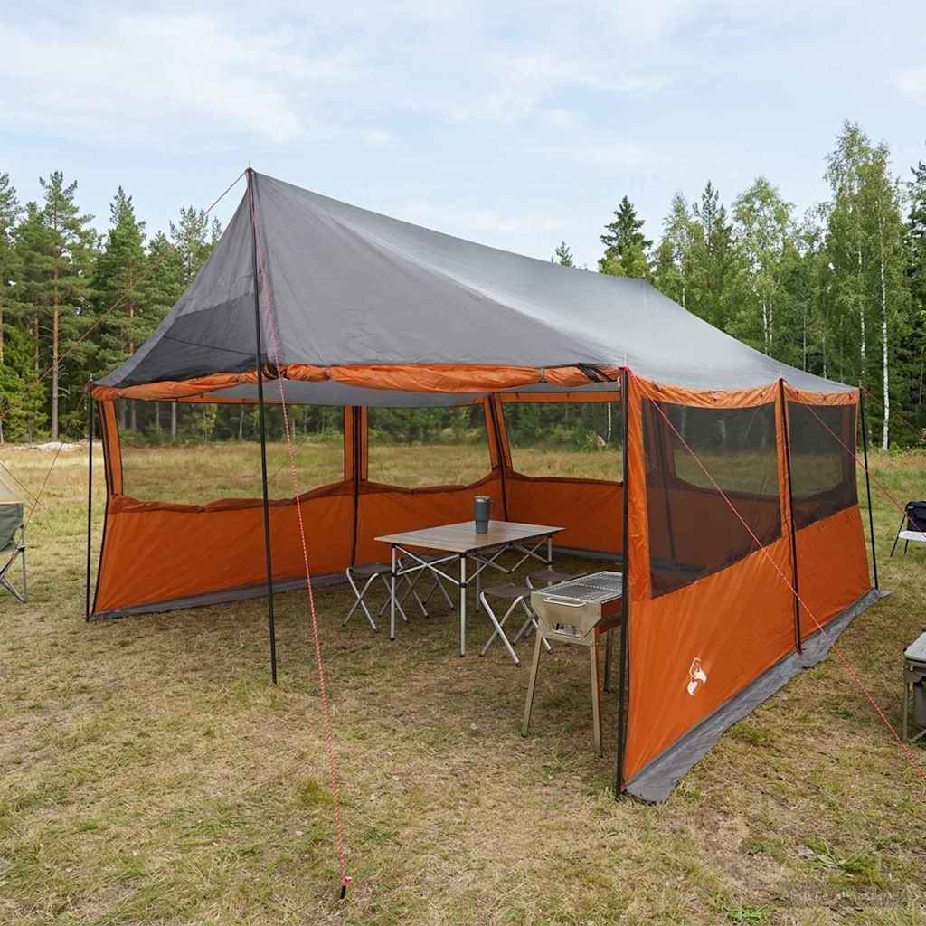 Family Tent 450 x 400 x 265 cm Polyester and Steel Grey and orange 450 x 400 x 265/165 cm