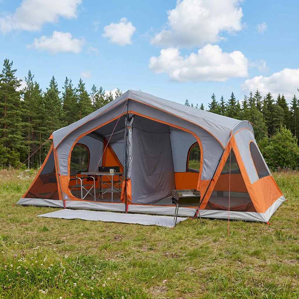 Cabin Tent 10-Person Polyester and Steel Grey and orange