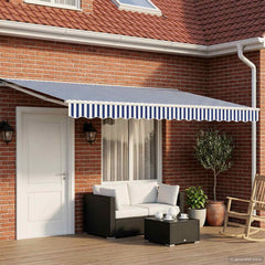 Manual Awning with Solar LED 4 x 3.5 m White Blue and White Stripe
