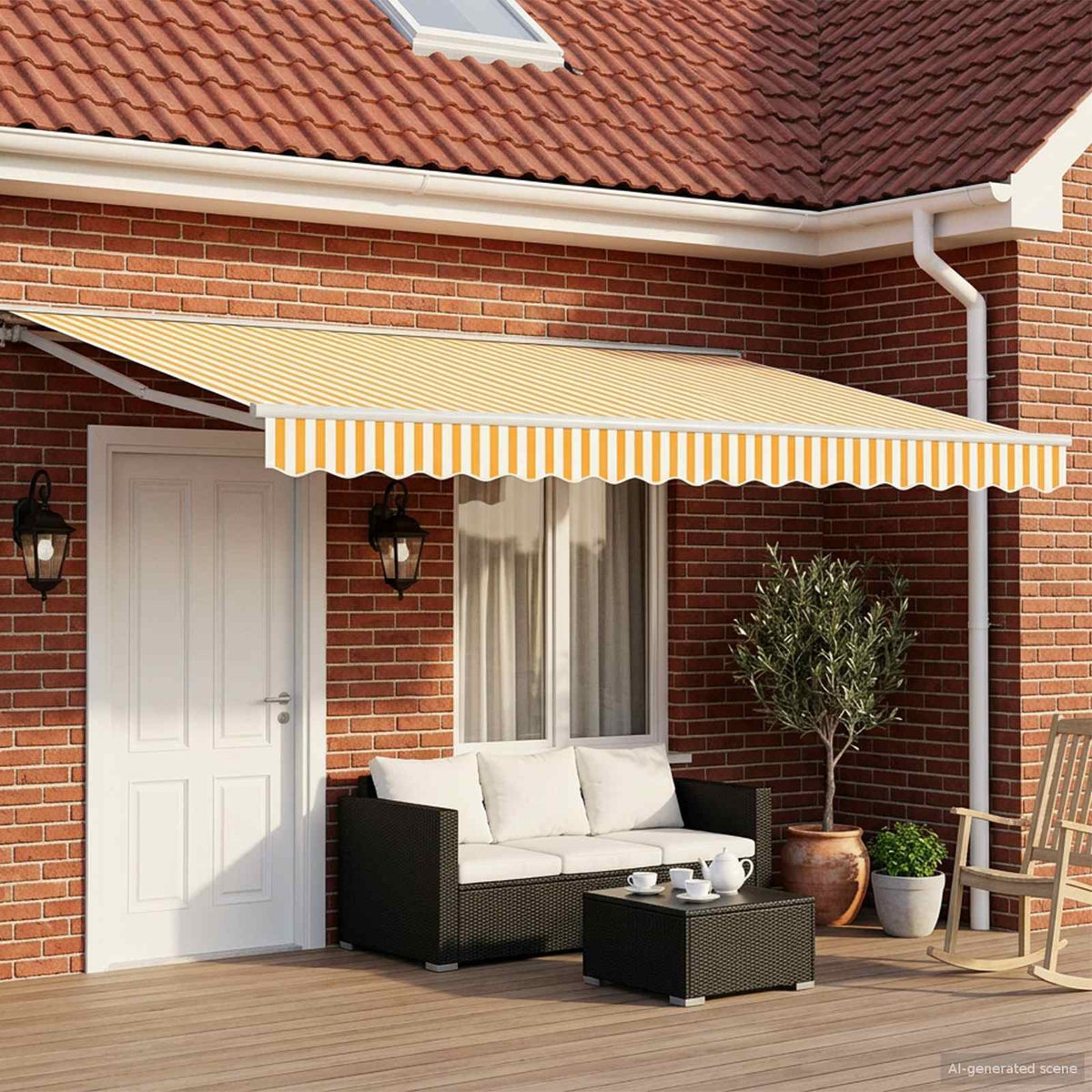 Solar Electric Awning 4 x 2 m 100% Polyester White Yellow and White Stripe