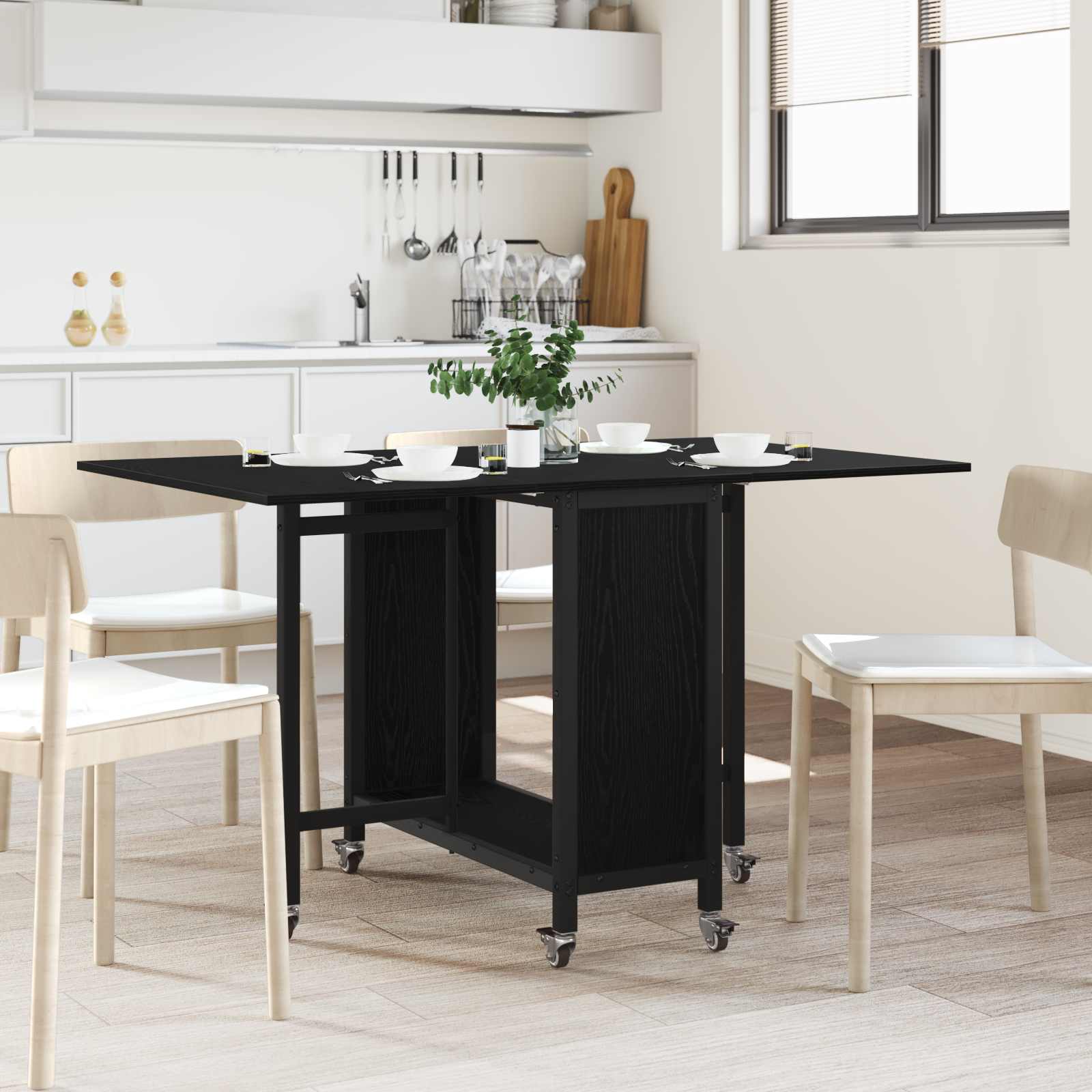 vidaXL Folding Dining Table with Castors 130 x 80 x 76.5 cm Black Oak 1
