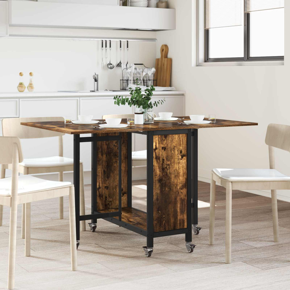 Folding Dining Table with Castors Steel PB in Smoked Oak