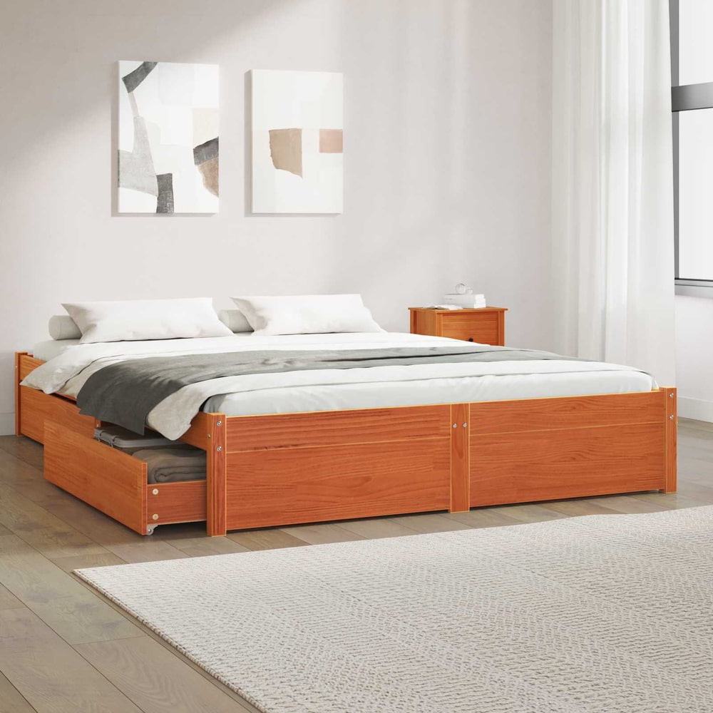 Bed Frame Solid Pine Wood Length Wax Brown