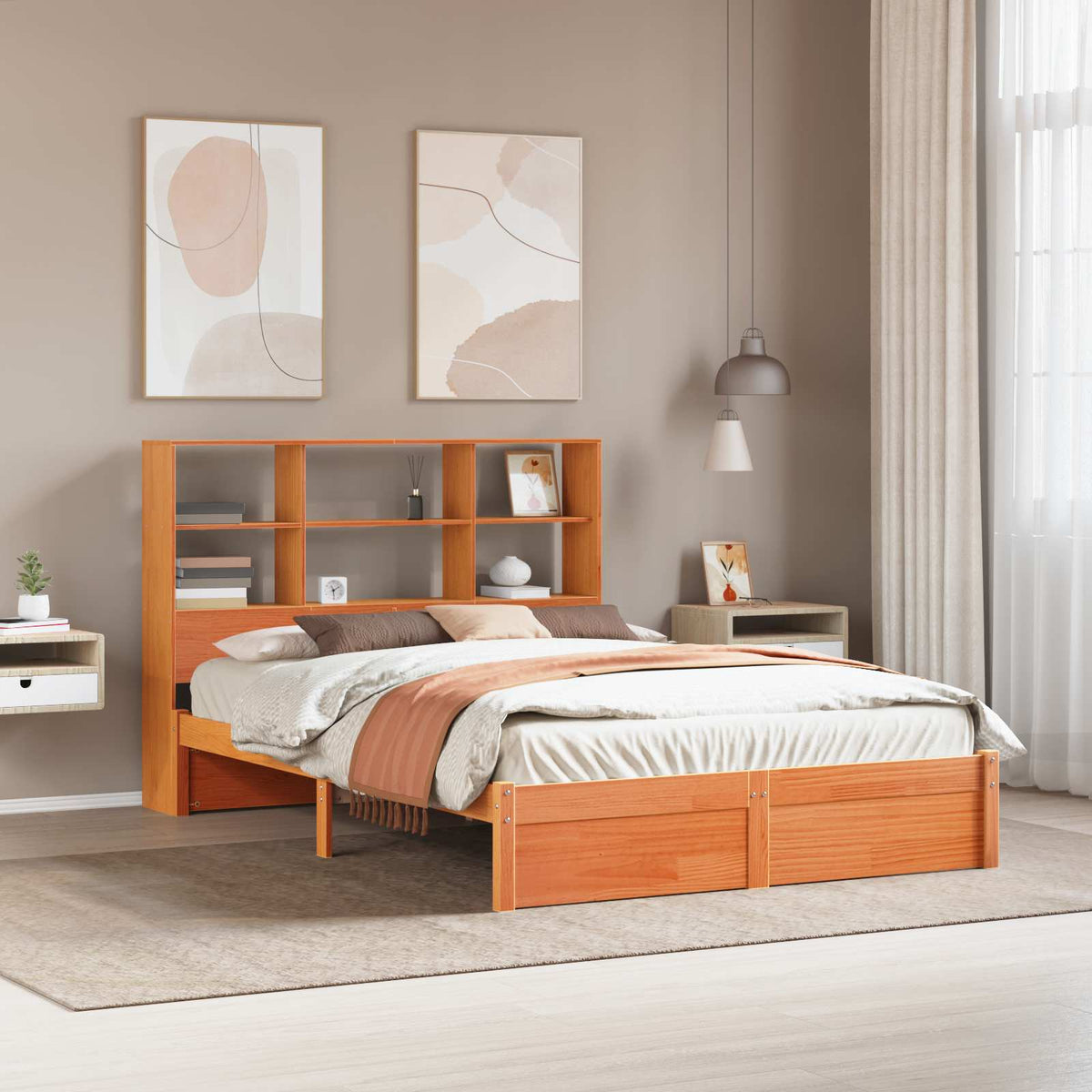 Bed Frame Storage Headboard Wax Brown