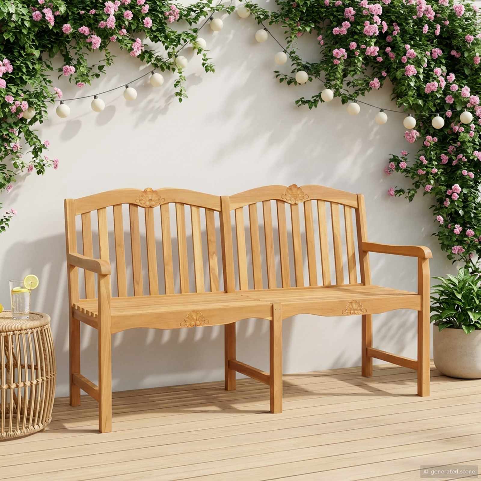 vidaXL Handcarved Rose Bench 150 x 60.5 x 95 cm Solid Teak Wood 1
