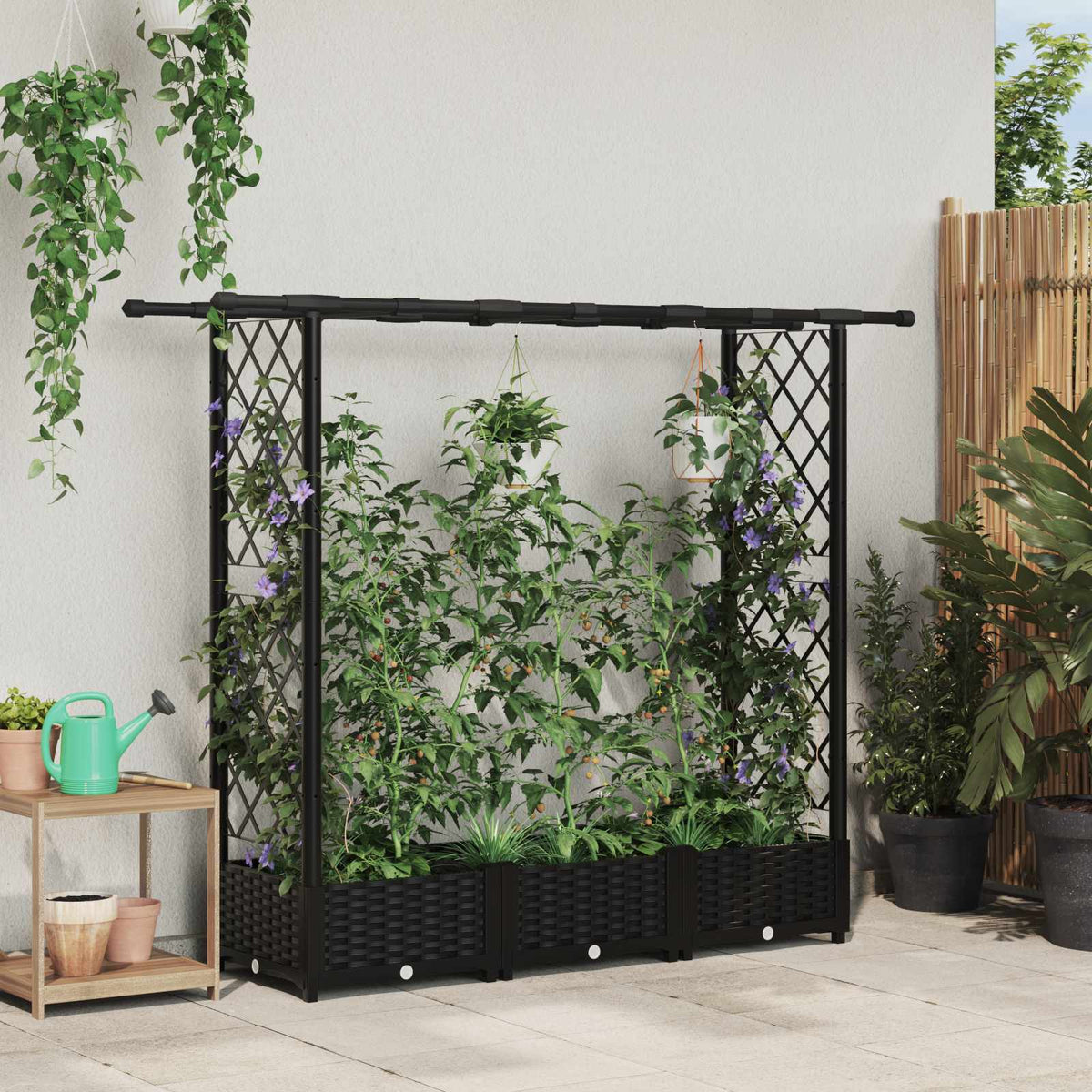 Raised Bed with Trellis and Roof PP Black with Flat Roof (2 Side trellis) 164 cm 121 cm