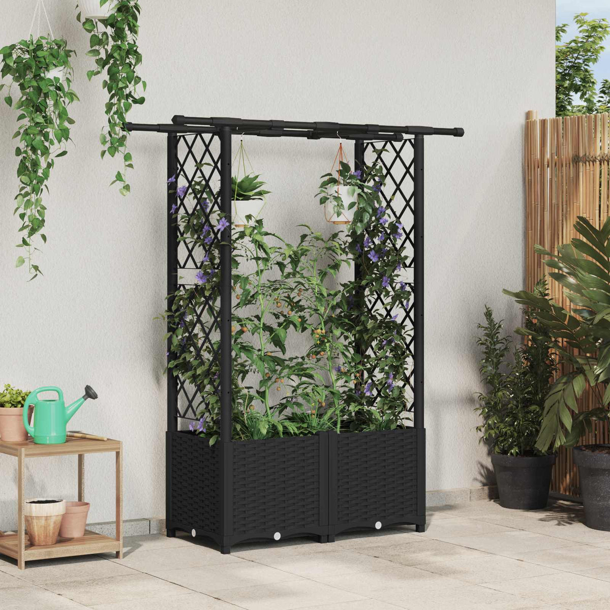 Raised Bed with Trellis and Roof PP Black with Flat Roof (2 Side trellis) 124.5 cm 136 cm