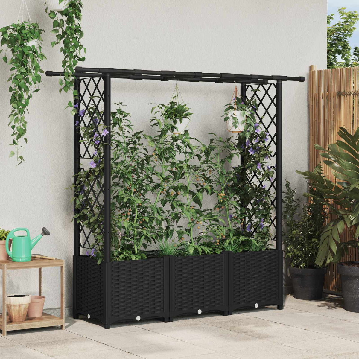 Raised Bed with Trellis and Roof PP Black with Flat Roof (2 Side trellis) 162.5 cm 136 cm