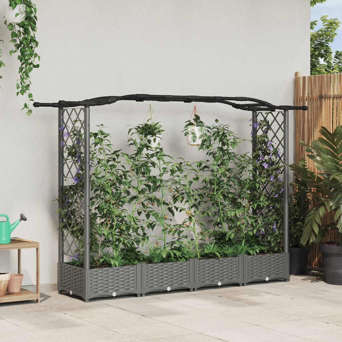Raised Bed with Trellis and Roof Light Grey with Curved Roof (2 Side trellis) 207 cm 123 cm