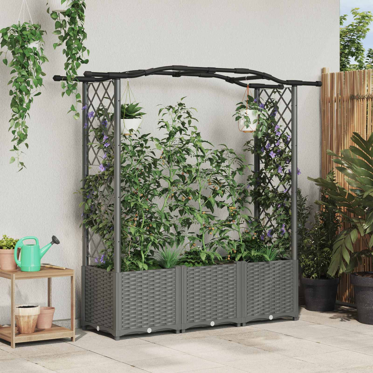 Raised Bed with Trellis and Roof Light Grey with Curved Roof (2 Side trellis) 164 cm 138 cm