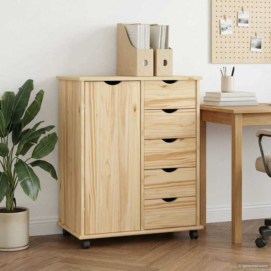 Rolling Cabinet Solid Pine Wood Brown