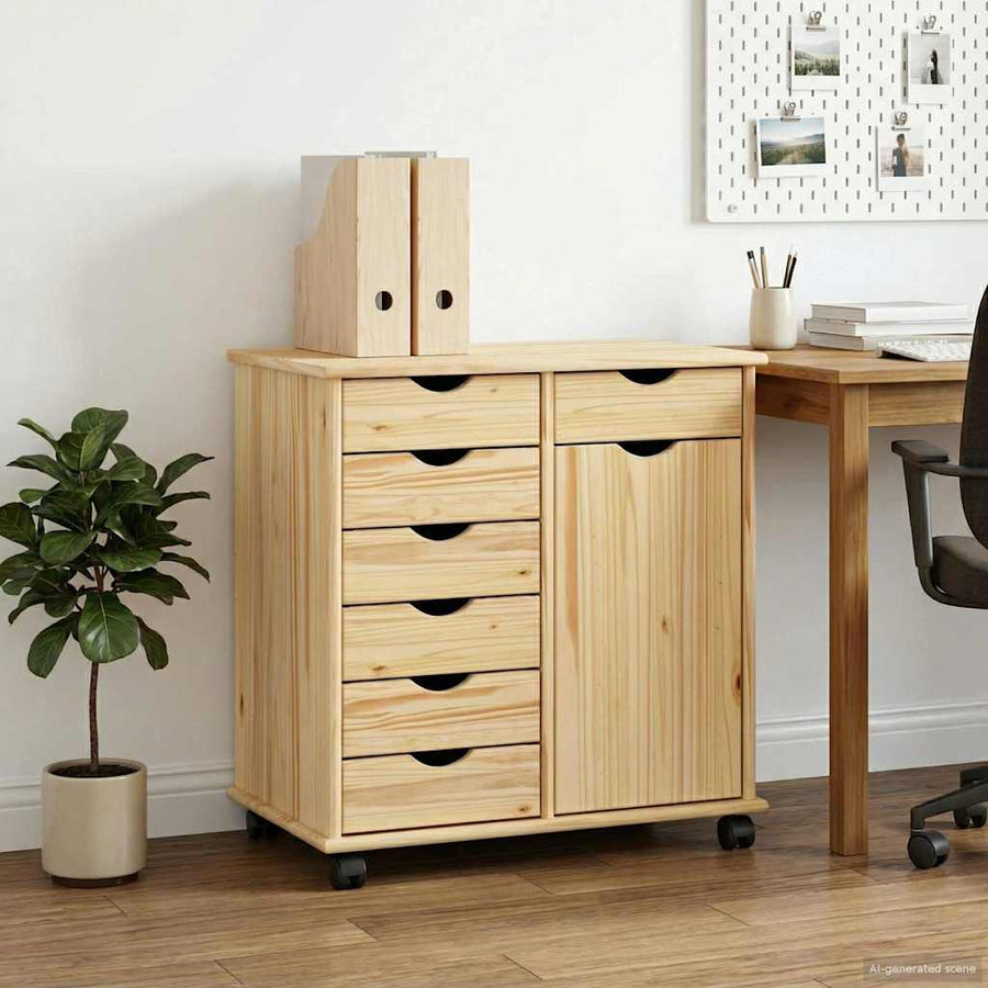 Rolling Cabinet Solid Pine Wood Brown