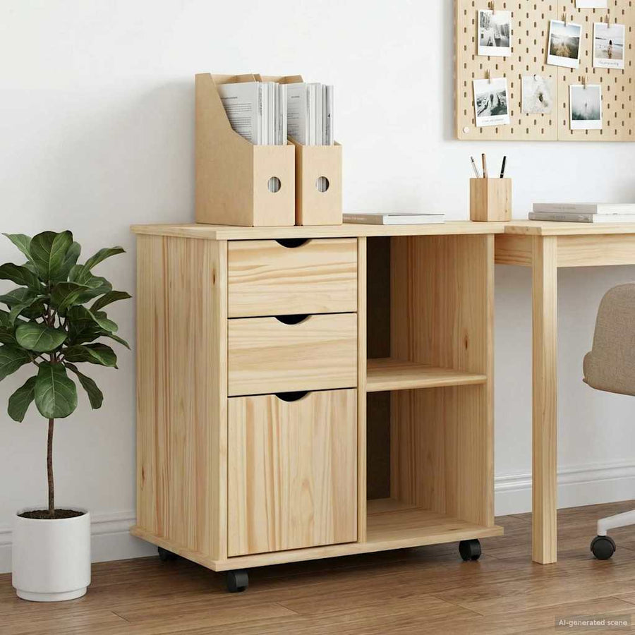 Rolling Cabinet Solid Pine Wood Brown