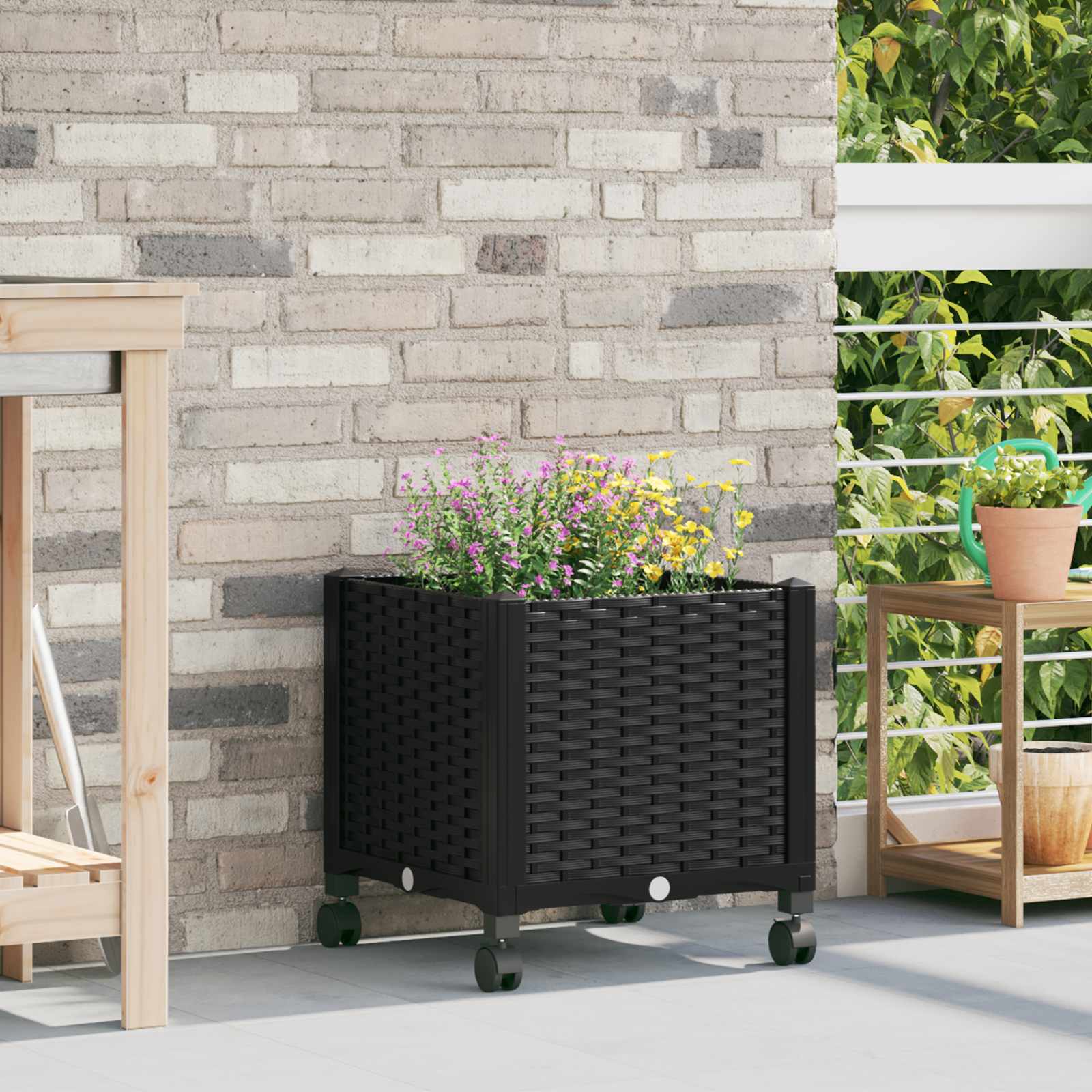 vidaXL Garden Planter with Wheels Black 40 x 40 x 44 cm PP 1