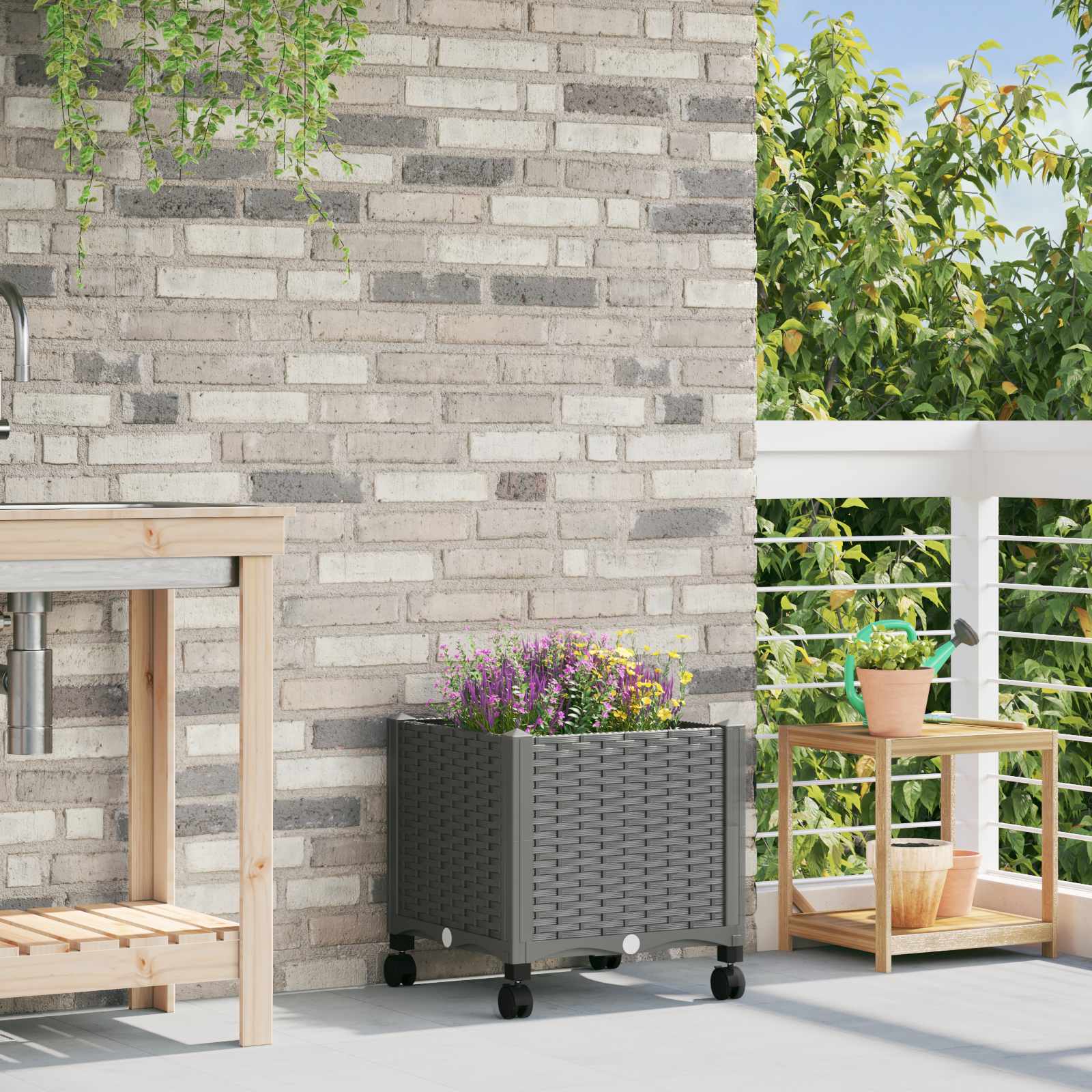 vidaXL Garden Planter with Wheels Light Grey 40 x 40 x 48 cm PP 1