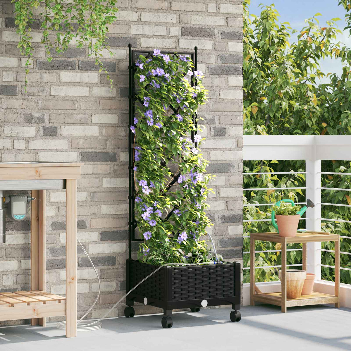 Garden Planter with Irrigation&Wheels 40 x 40 x 148 cm PP with Wheels Black 126 cm